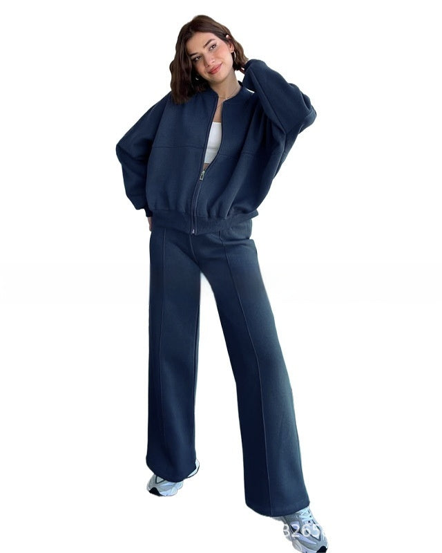 Woman in a zip jacket and wide-leg pants set