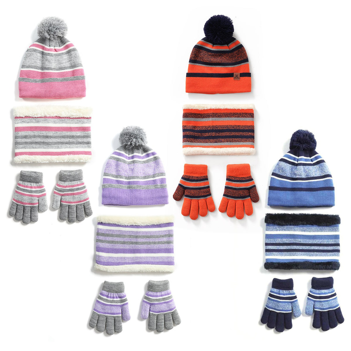 Striped kids beanie with pompom, neck warmer and gloves