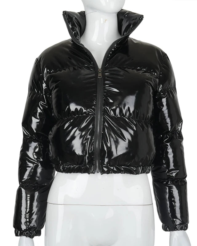 Woman in a glossy cropped puffer jacket