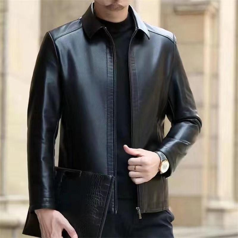 Men's faux leather jacket with stand collar