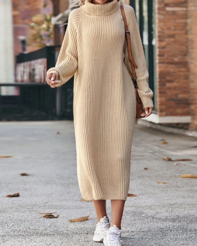 Woman in a long turtleneck sweater dress
