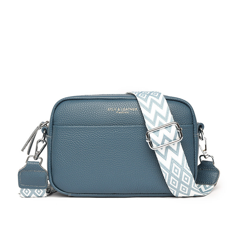 Leather camera crossbody bag with wide strap
