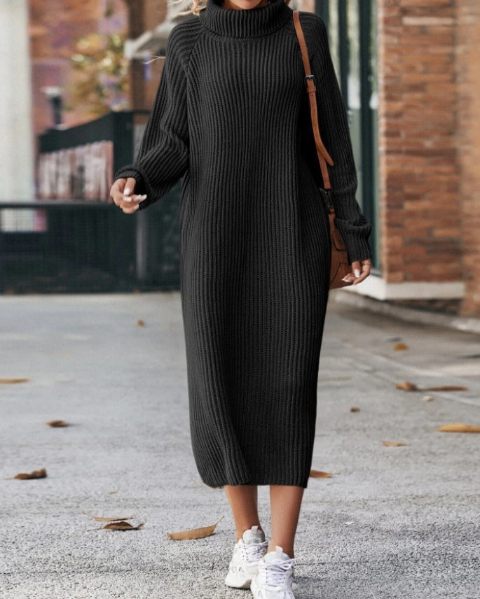 Woman in a long turtleneck sweater dress