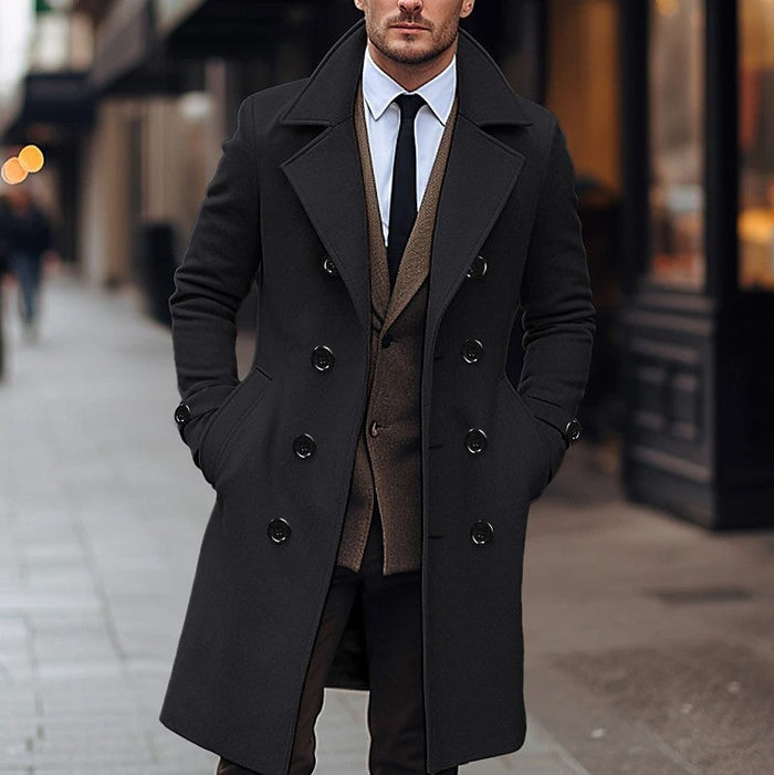 Men's Double-Breasted Long Trench Coat with Peak Lapels