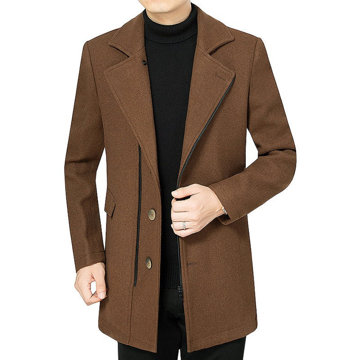 Men's Mid-Length Overcoat with Notch Lapel and Button Front
