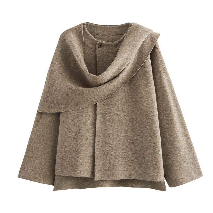 Women's Draped Cape with Cowl Neck and Button Detail