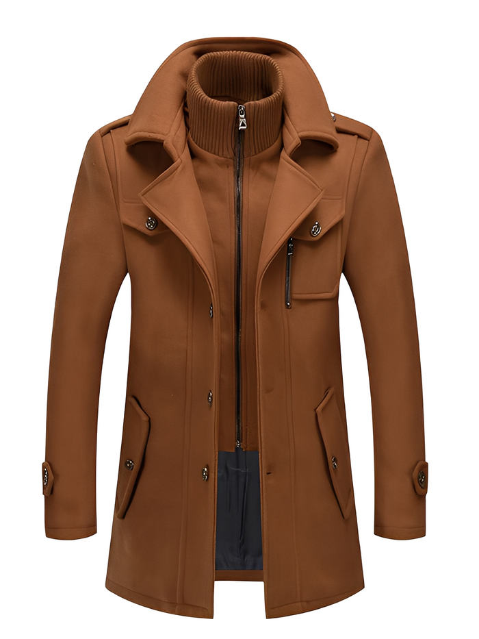 Men's Double-Breasted Trench Coat with Ribbed Stand Collar