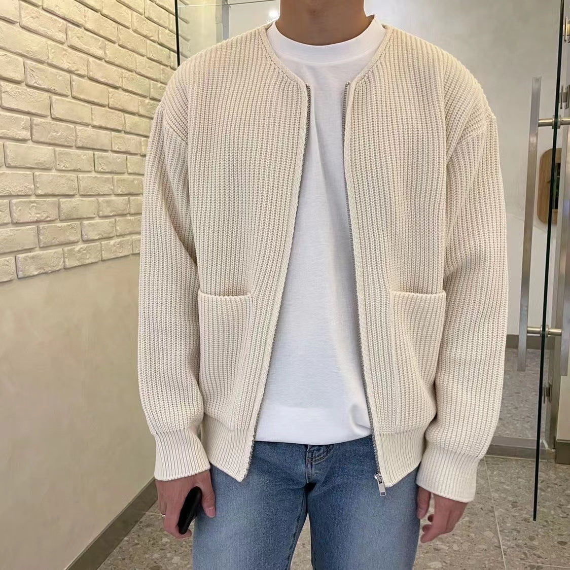 Men's chunky knit zip cardigan with pockets