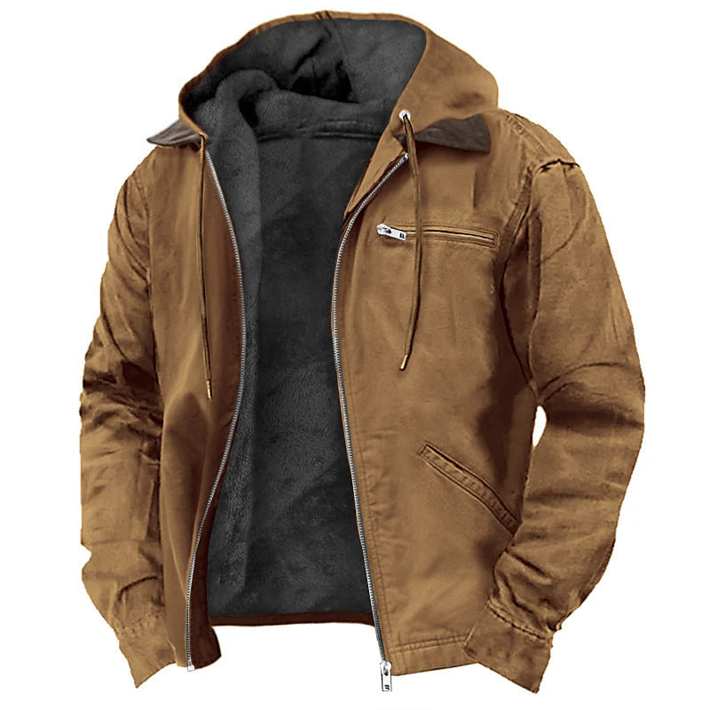 Man wearing a fleece-lined hooded zip jacket