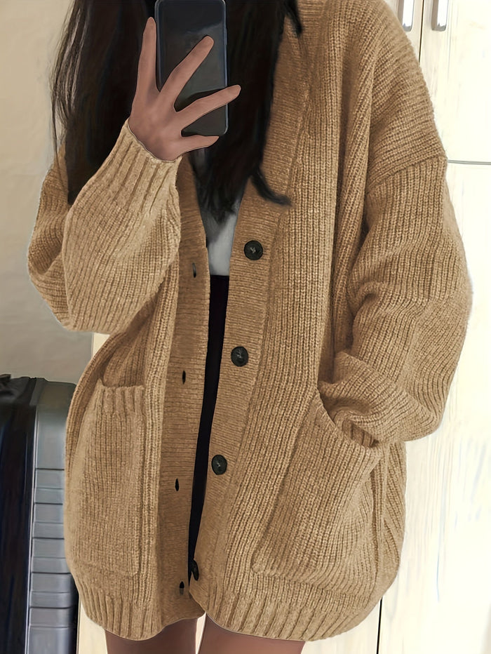 Women's Relaxed Button-Front Cardigan with Ribbed Knit