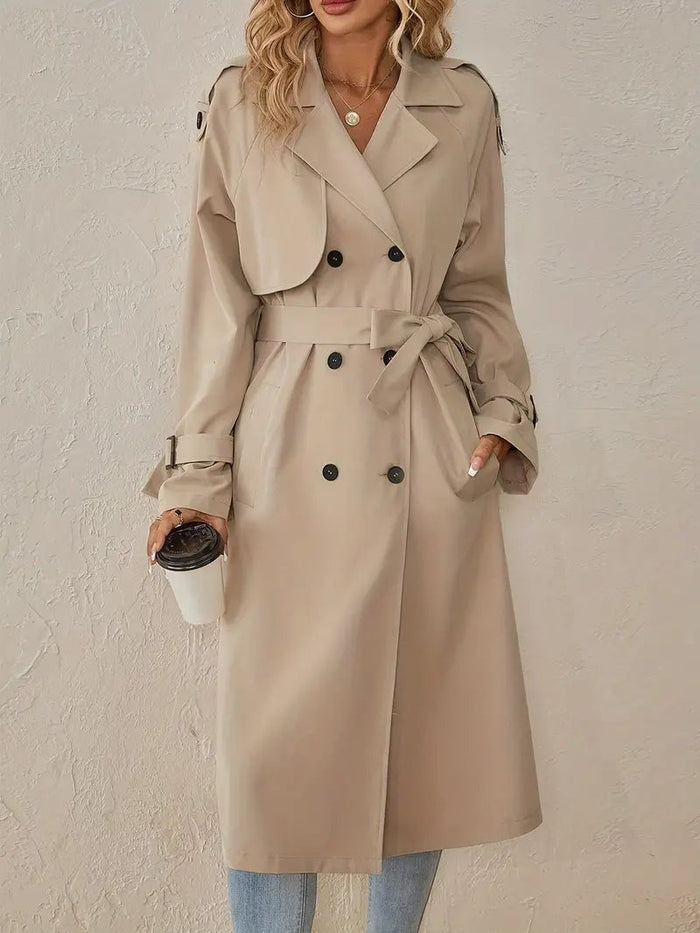 Women's Double-Breasted Trench Coat with Belted Cuffs