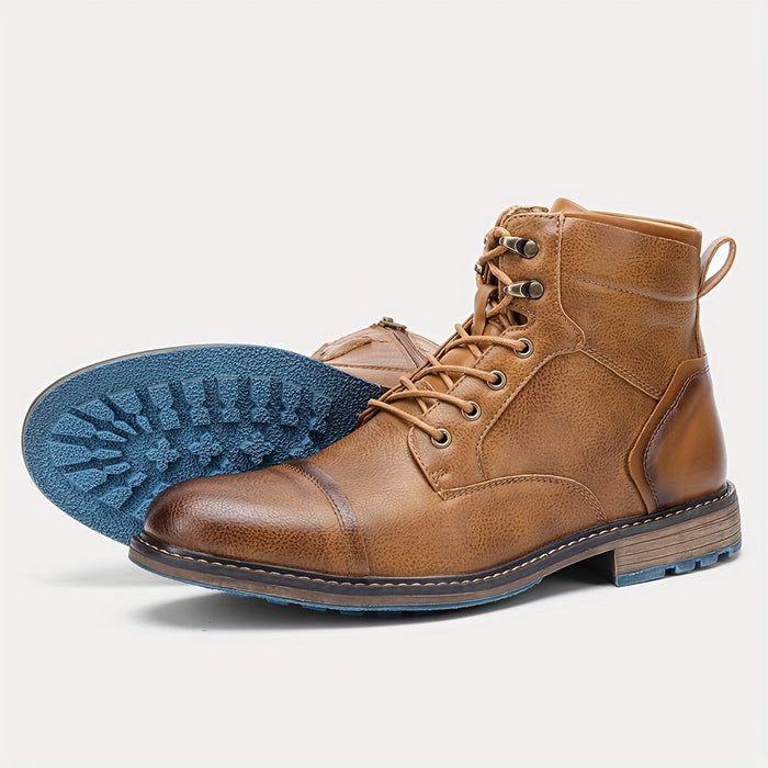 Men's Lace-Up Ankle Boots with Cap Toe and Side Zip