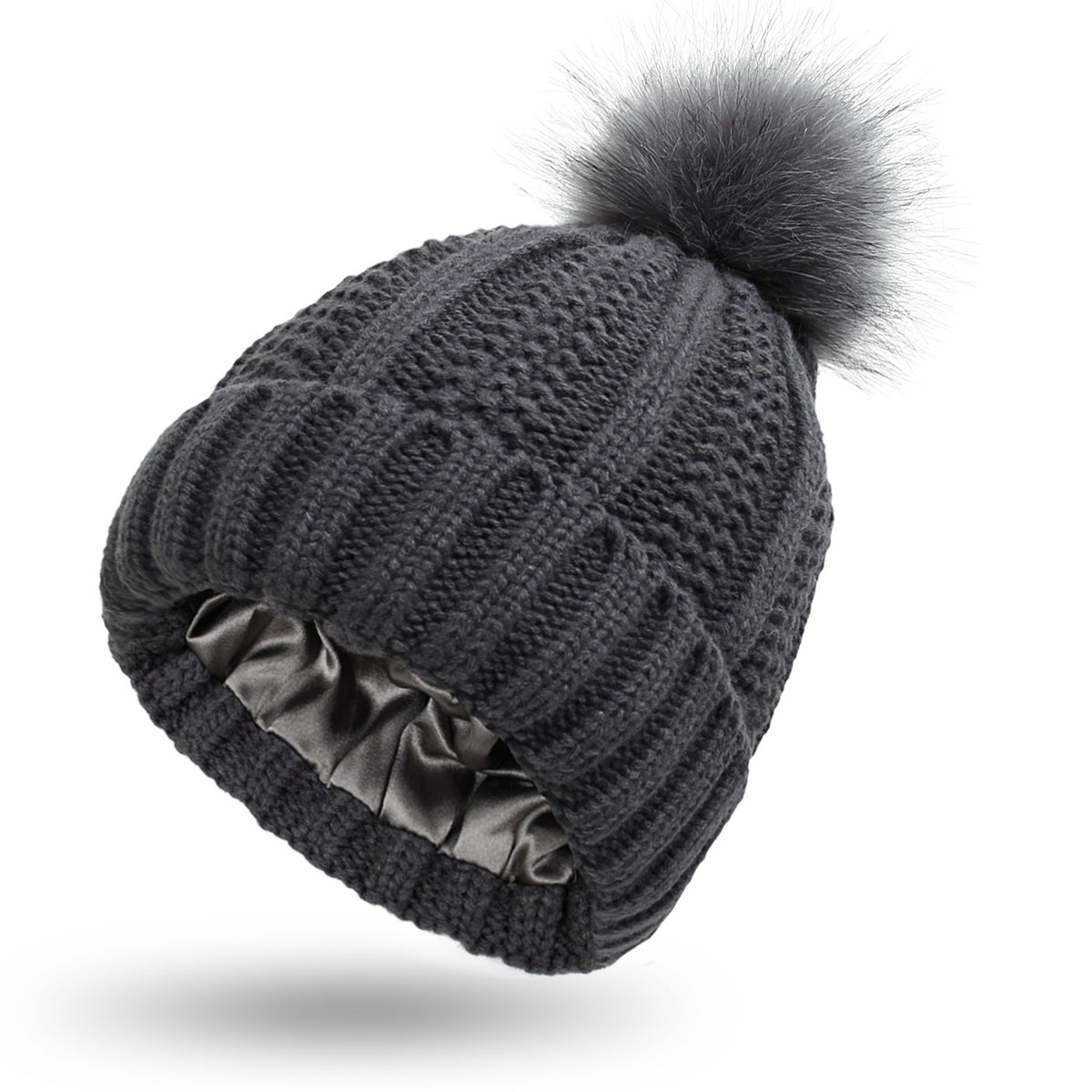 Knit beanie with faux fur pom pom