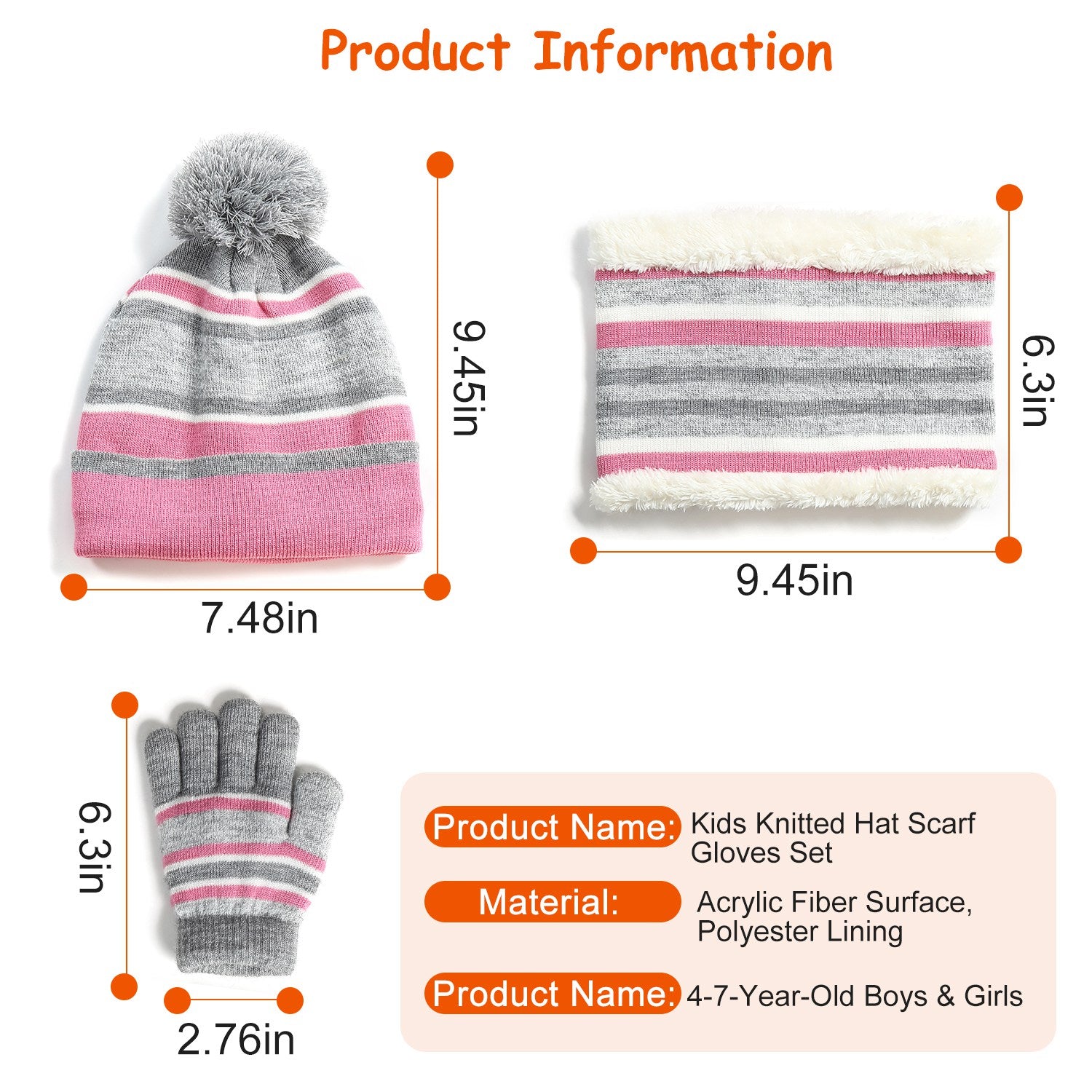 Striped kids beanie with pompom, neck warmer and gloves