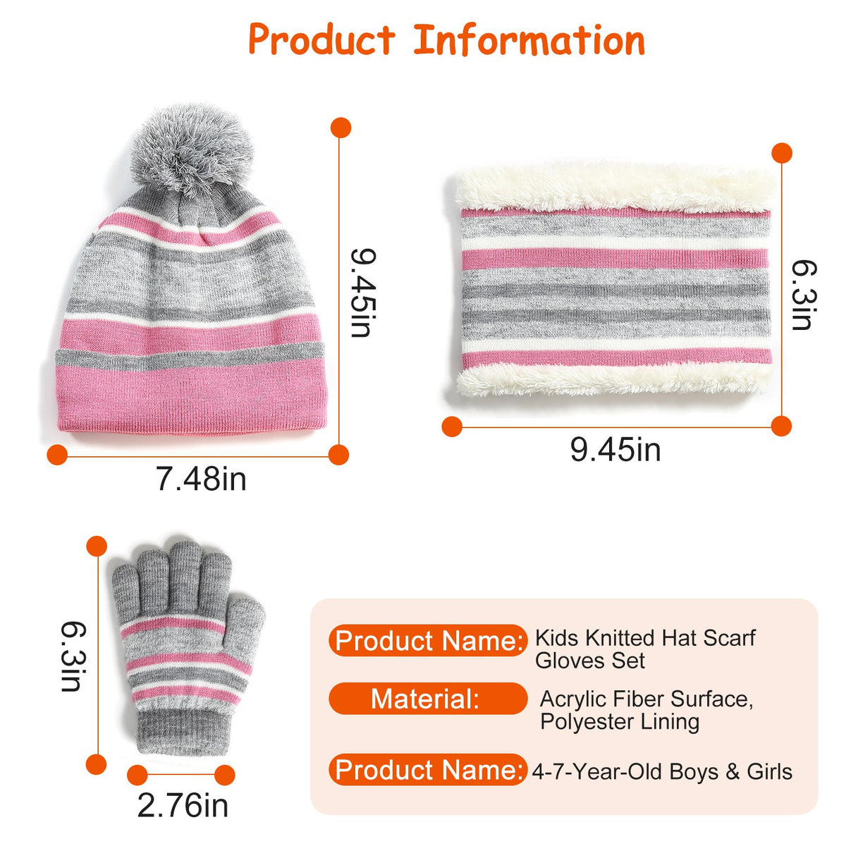 Striped kids beanie with pompom, neck warmer and gloves