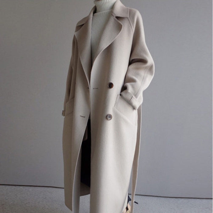 Women's Double-Breasted Long Coat with Belt and Pockets