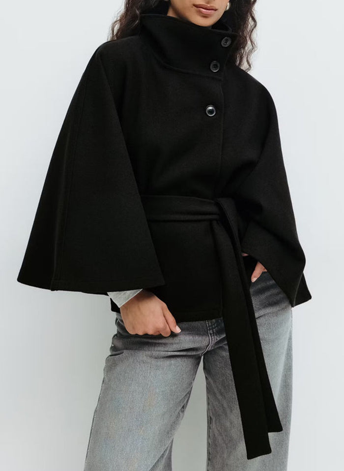 Taylor | Cape Coat with High Collar, Batwing Sleeves and Belt