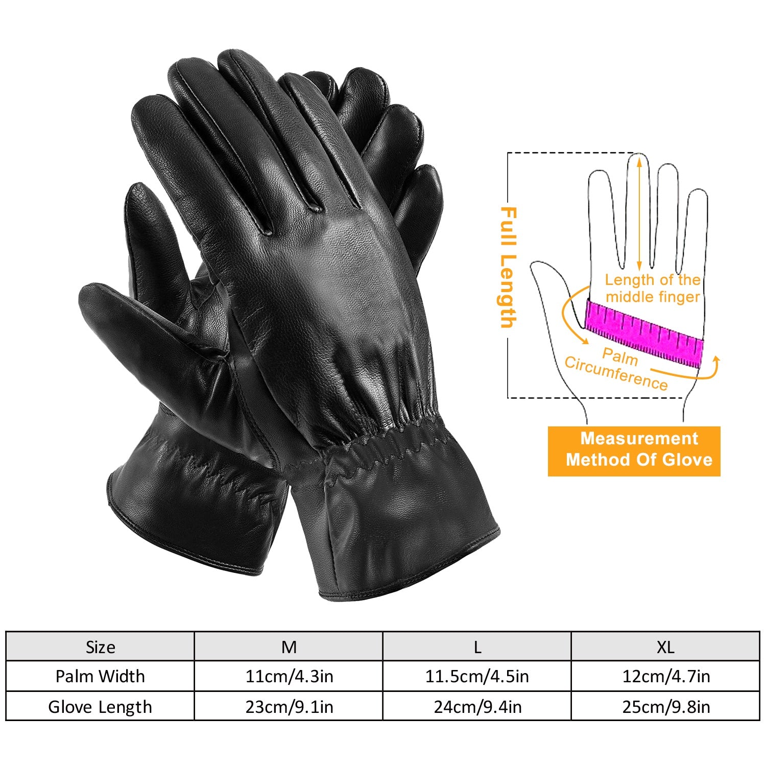 Black leather winter gloves with soft lining