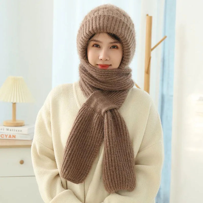 Harper | Knit Hooded Hat with Attached Scarf, Fleece Lined