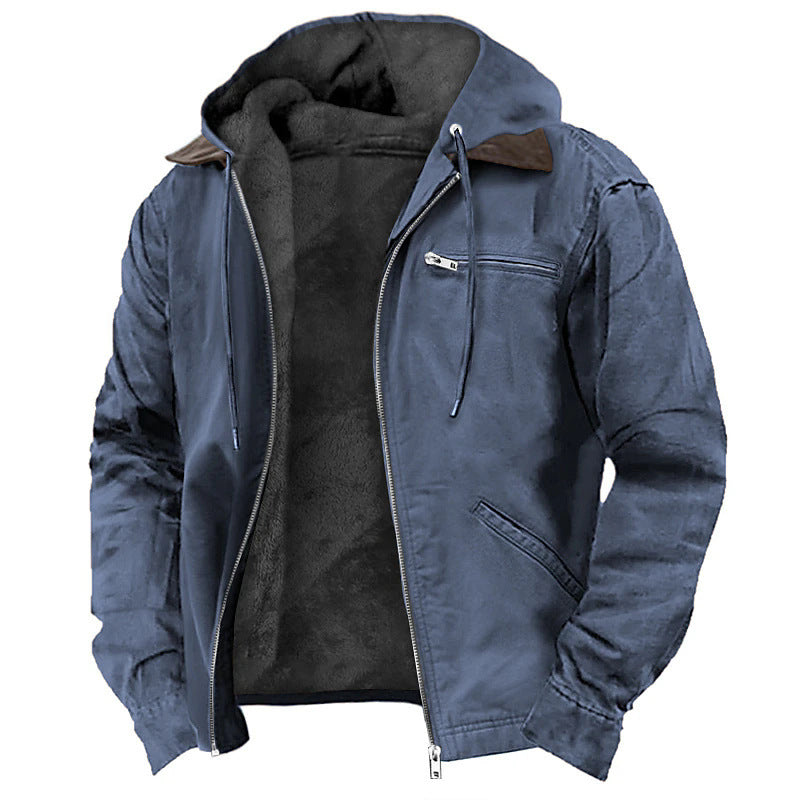 Man wearing a fleece-lined hooded zip jacket