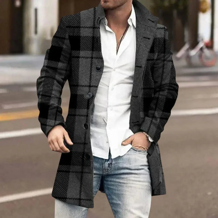 Men's Button-Front Long Wool Coat with Stand Collar