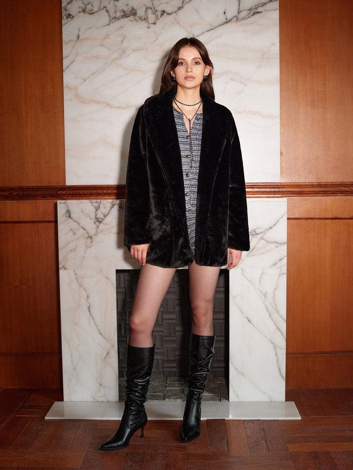 Women's Faux Fur Longline Coat with Notched Collar