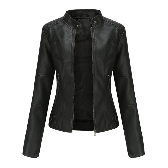 Women's Quilted Moto Jacket with Stand Collar and Zip Front