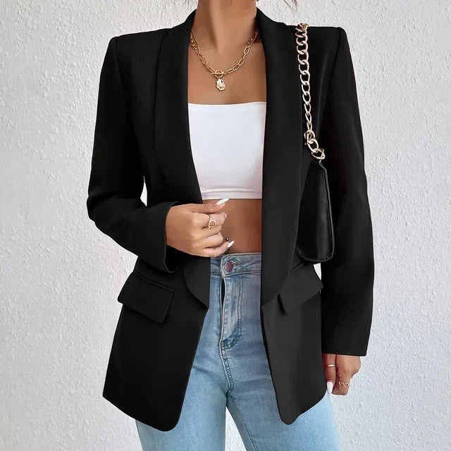 Women's Open-Front Longline Blazer with Notched Lapels