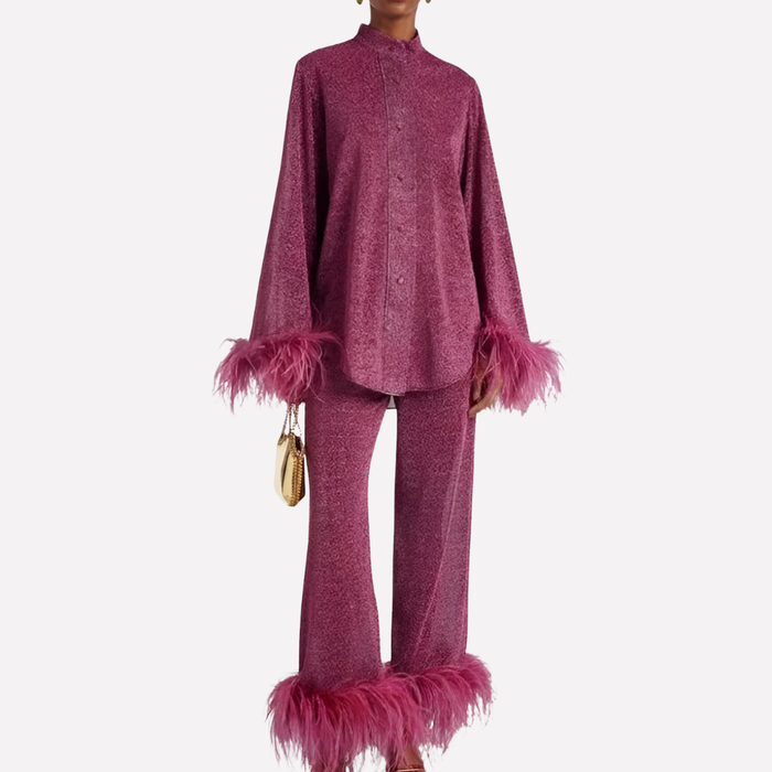 Women's Feather-Trim Two-Piece Set Button-Front Shirt