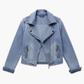 Women’s Denim Jacket with Lapel Collar and Zipper Pockets
