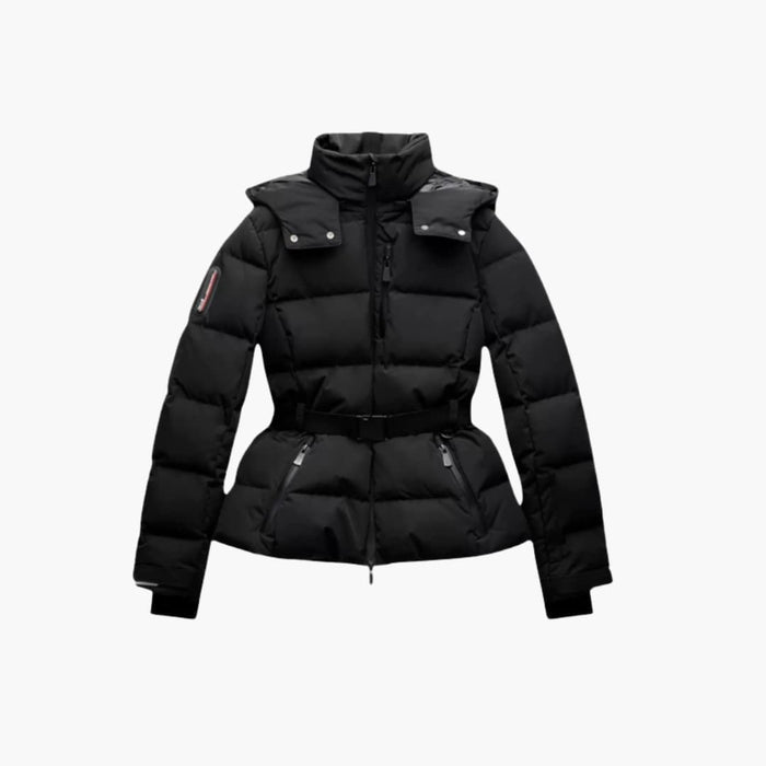 Women’s Belted Puffer Jacket with High Collar and Full Zip