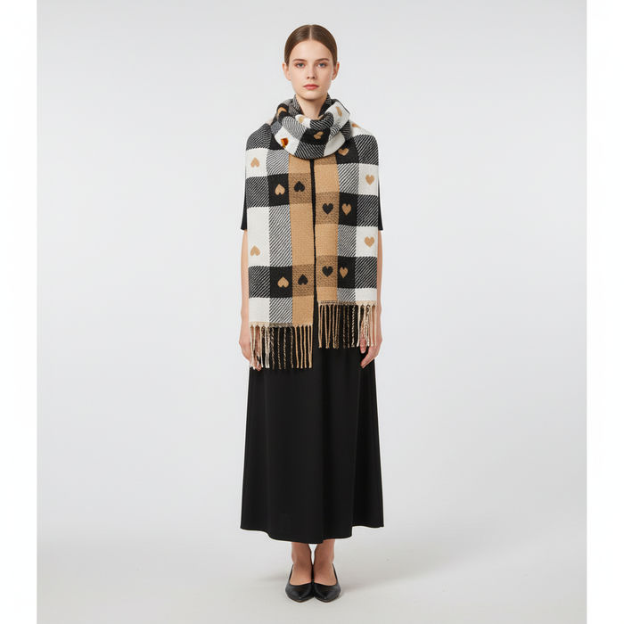 Women's Checkered Scarf with Heart Pattern and Fringe