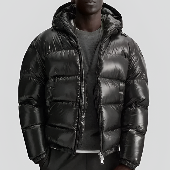 Men's Quilted Puffer Jacket with Hood and Zip Front