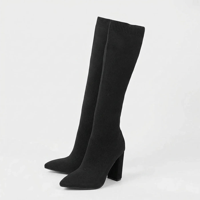Women's Knee-High Block Heel Stretch Boots Pointed Toe