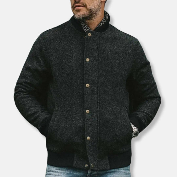 Men’s Bomber Jacket with Button Closure and Ribbed Hem