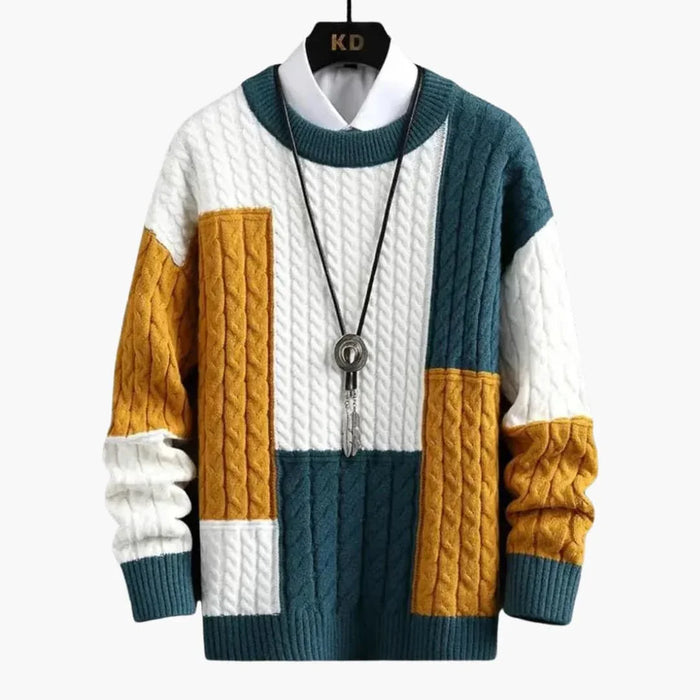 Men’s Sweater with Cable Knit and Patchwork Design