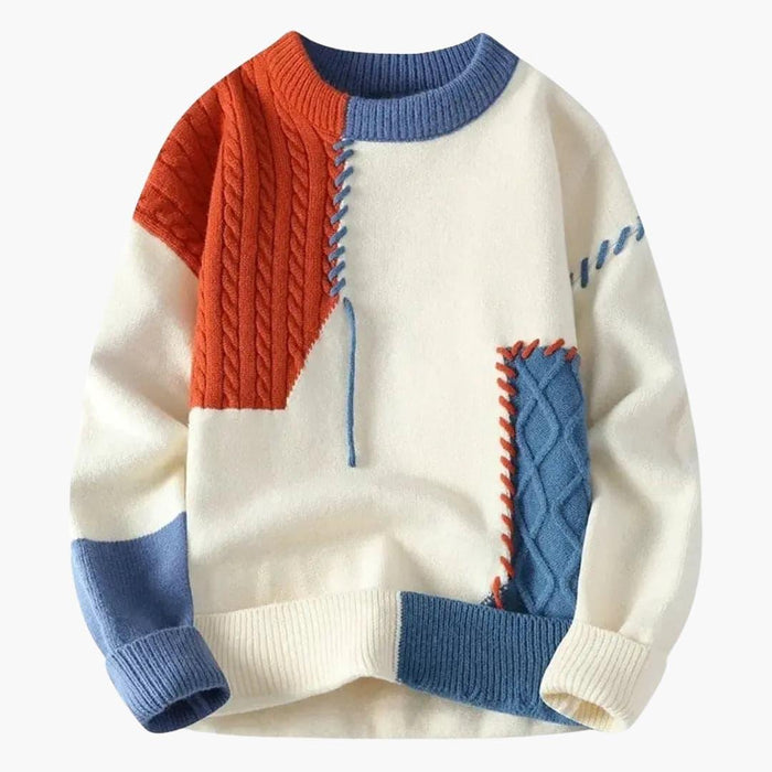 Men’s Sweater with Cable Knit and Patchwork Details