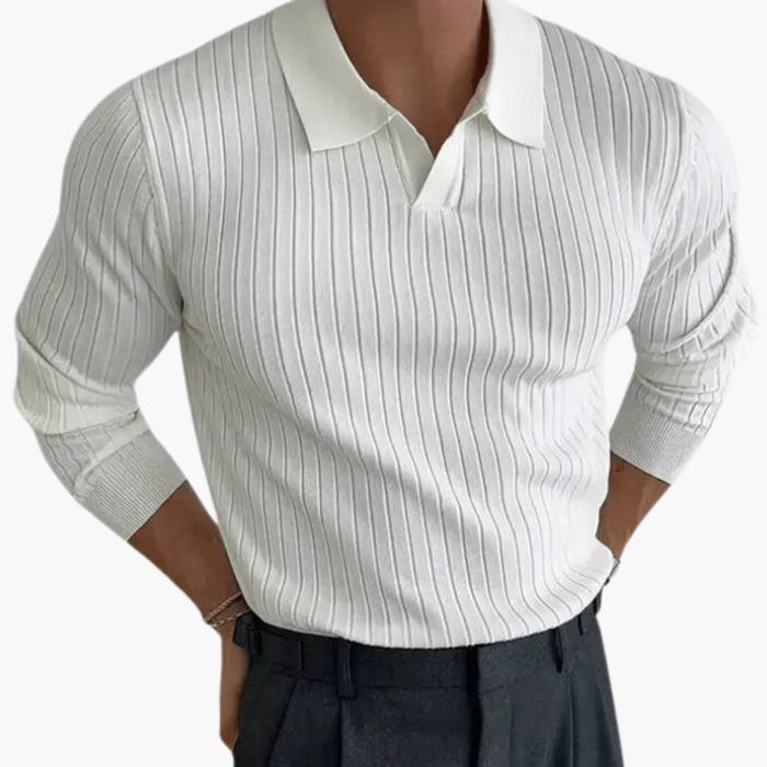 Men’s Knit Polo Sweater with Long Sleeves and Ribbed Surface