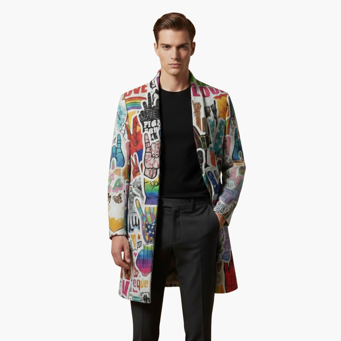 Men’s Long Graphic Coat with Front Opening