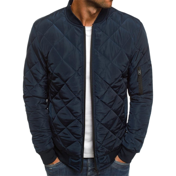 Men's Quilted Bomber Jacket with Zipper Closure and Ribbed Edges