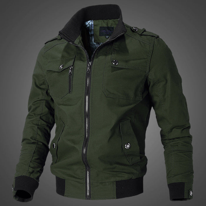 Men's Canvas Field Bomber Jacket Stand Collar Ribbed Cuffs