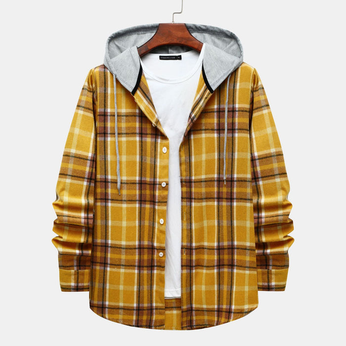 Men's Hooded Flannel Shirt Plaid Button-Front