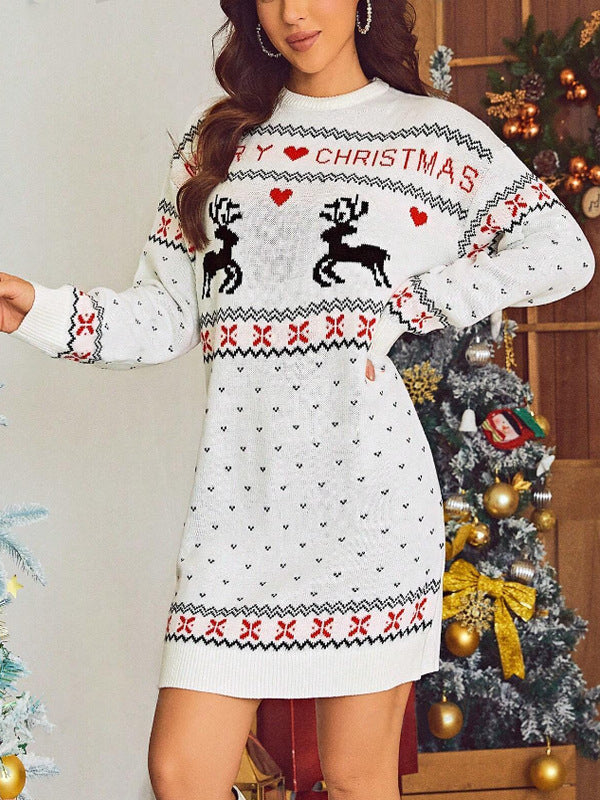 Women's Christmas Sweater Dress with Reindeer Fair Isle