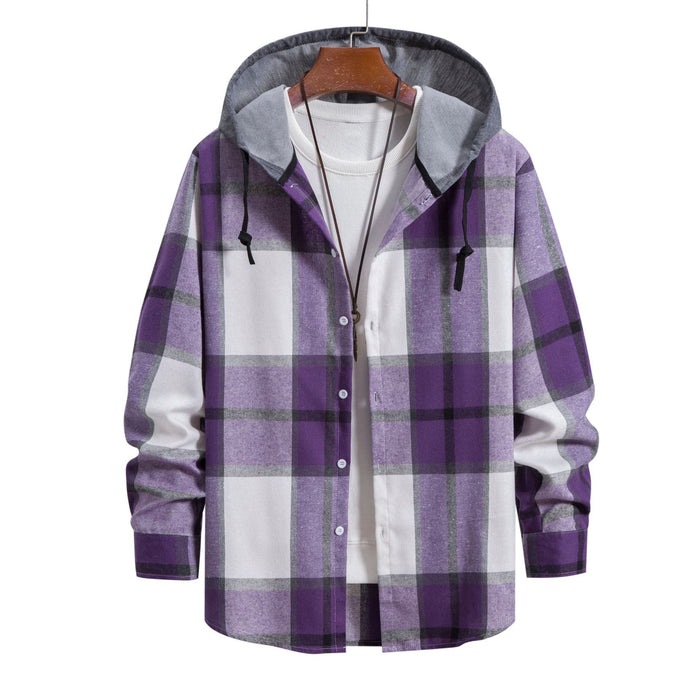 Men's Hooded Flannel Shirt with Button Front and Plaid