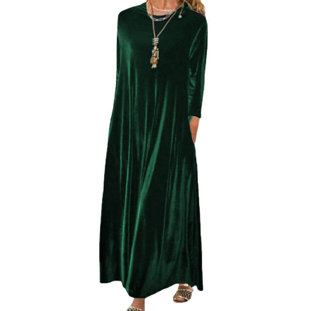 Women's Long Sleeve Velvet Maxi Dress with Round Neck