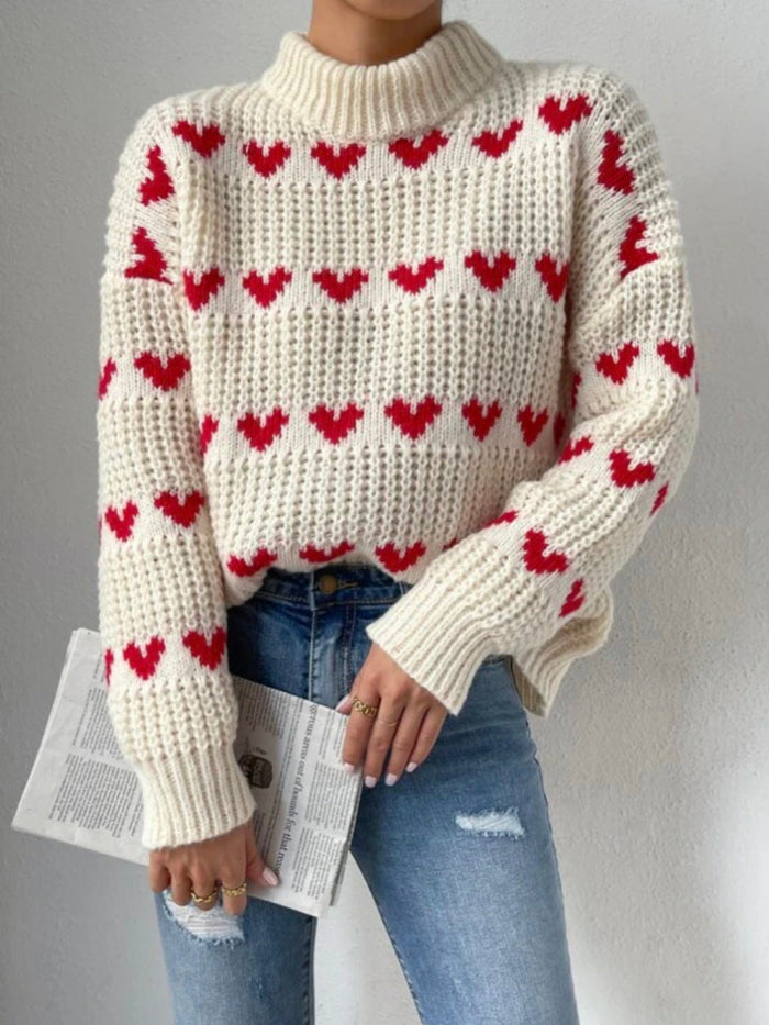 Women's Heart Pattern Turtleneck Sweater Oversized Fit