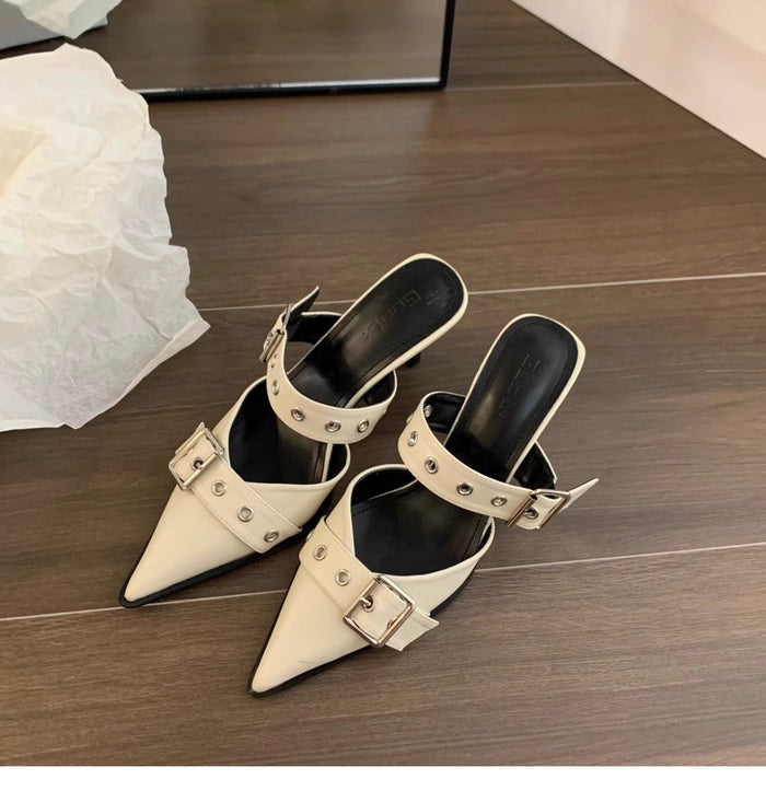 Women's Silver Pointed Mule Heels Double Buckle Strap
