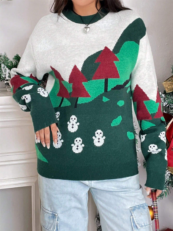 Women's Christmas Sweater Tree Snowman Crew Neck