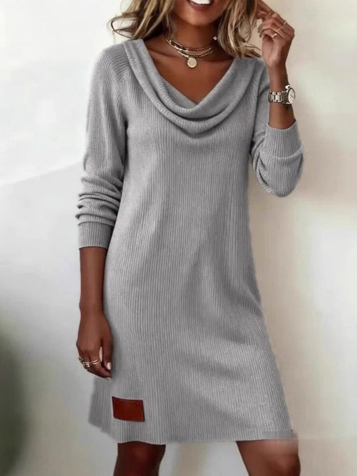 Women's Ribbed Cowl Neck Sweater Dress Long Sleeve
