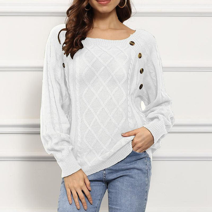 Women's Cable Knit Sweater with Button Shoulder Detail